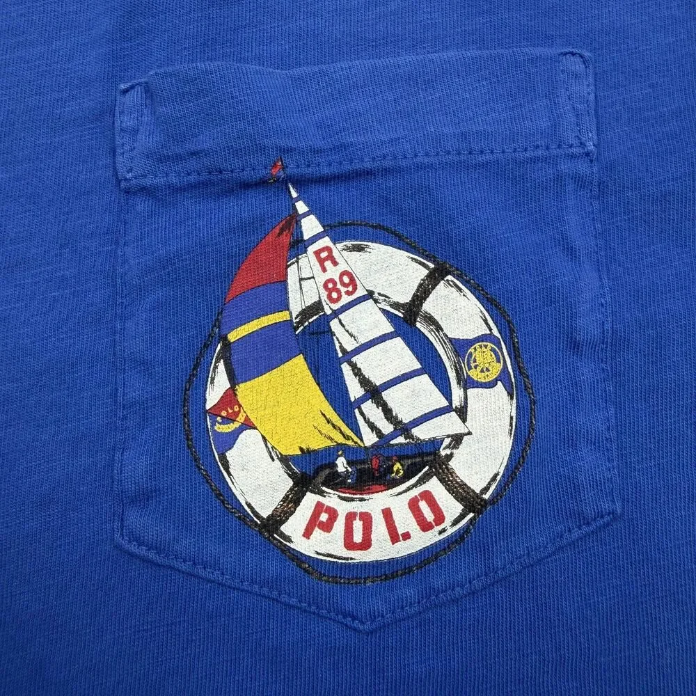 Polo Ralph Lauren Shirt Mens Medium Blue Sailboat Pocket Graphic Tee Nautical